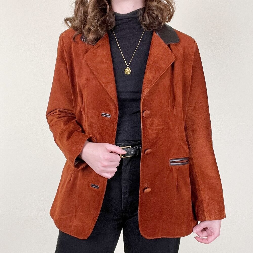 Vintage Leather & Suede Oversized Blazer Jacket Coat Long Preppy Grunge European